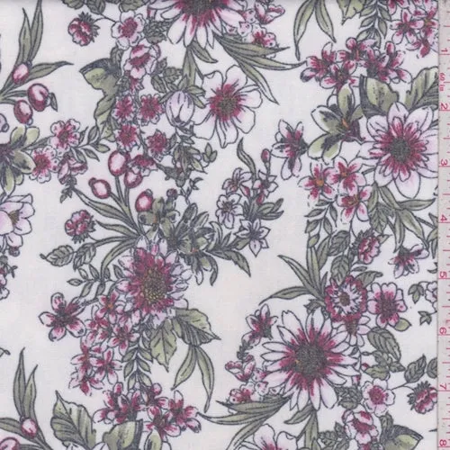 1 YD PC-Ivory/Wine Floral Brushed French Terry Knit Fabric