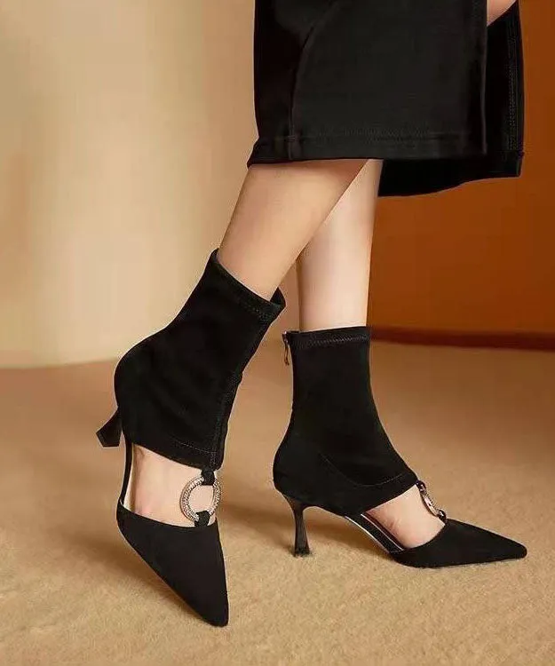 Art Splicing Zircon Hollow Out Pointed Toe Boots Black Suede