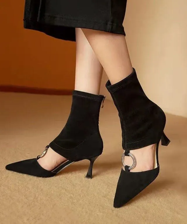 Art Splicing Zircon Hollow Out Pointed Toe Boots Black Suede