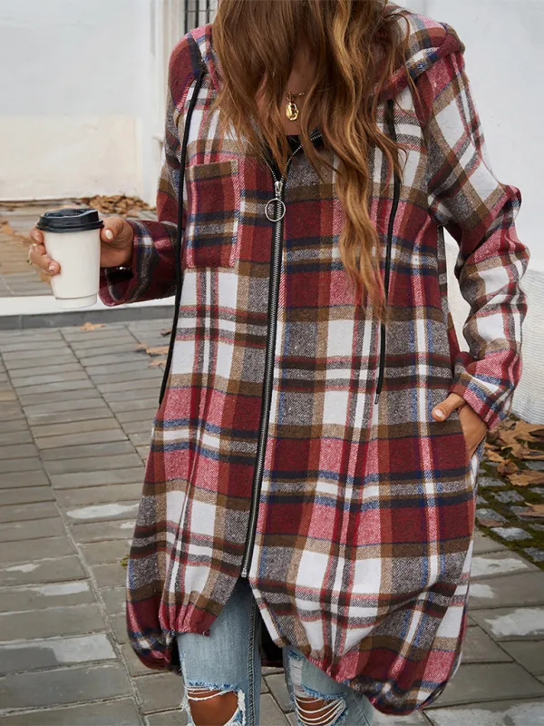 Autumn Layer Zippered Plaid Hooded Longline Coat