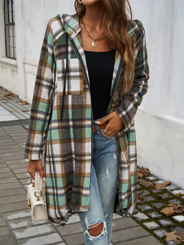 Autumn Layer Zippered Plaid Hooded Longline Coat