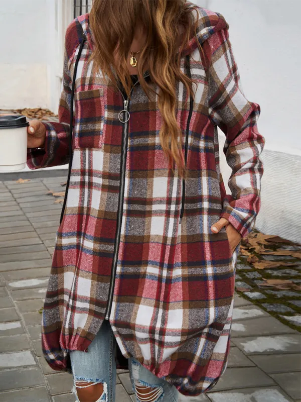 Autumn Layer Zippered Plaid Hooded Longline Coat