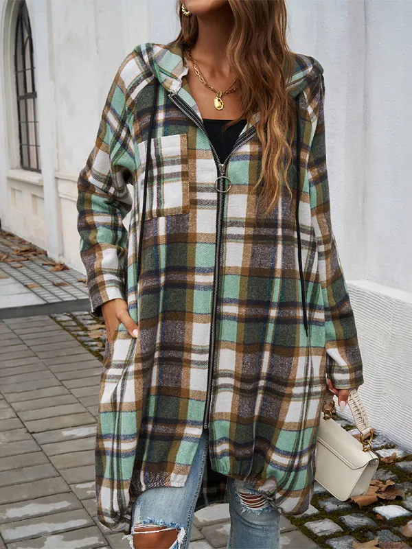 Autumn Layer Zippered Plaid Hooded Longline Coat