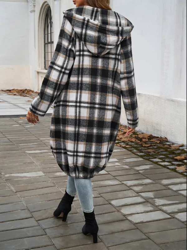 Autumn Layer Zippered Plaid Hooded Longline Coat