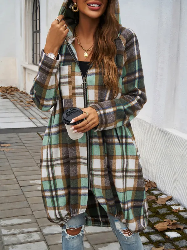 Autumn Layer Zippered Plaid Hooded Longline Coat