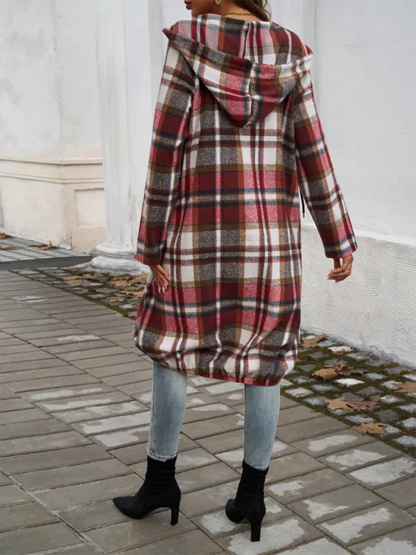 Autumn Layer Zippered Plaid Hooded Longline Coat