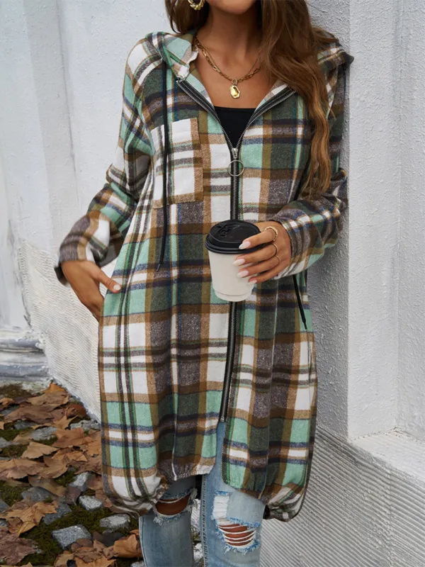 Autumn Layer Zippered Plaid Hooded Longline Coat