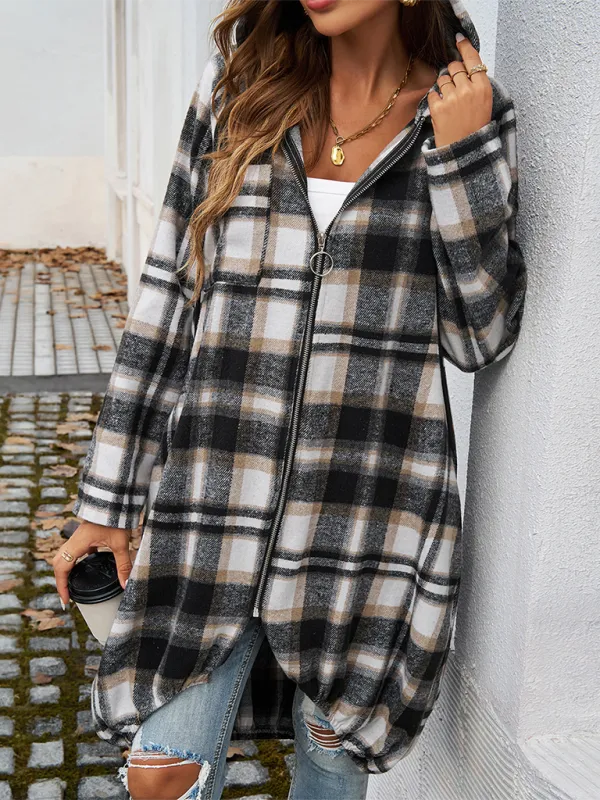 Autumn Layer Zippered Plaid Hooded Longline Coat