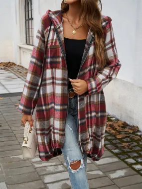 Autumn Layer Zippered Plaid Hooded Longline Coat