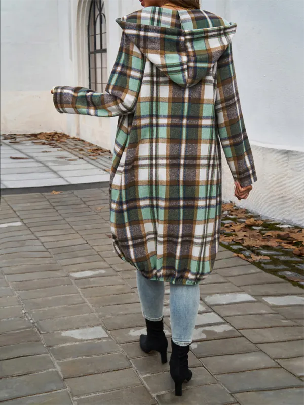 Autumn Layer Zippered Plaid Hooded Longline Coat