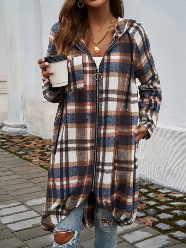 Autumn Layer Zippered Plaid Hooded Longline Coat