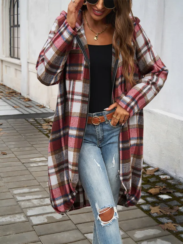 Autumn Layer Zippered Plaid Hooded Longline Coat