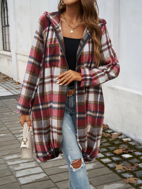 Autumn Layer Zippered Plaid Hooded Longline Coat