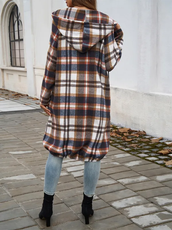 Autumn Layer Zippered Plaid Hooded Longline Coat