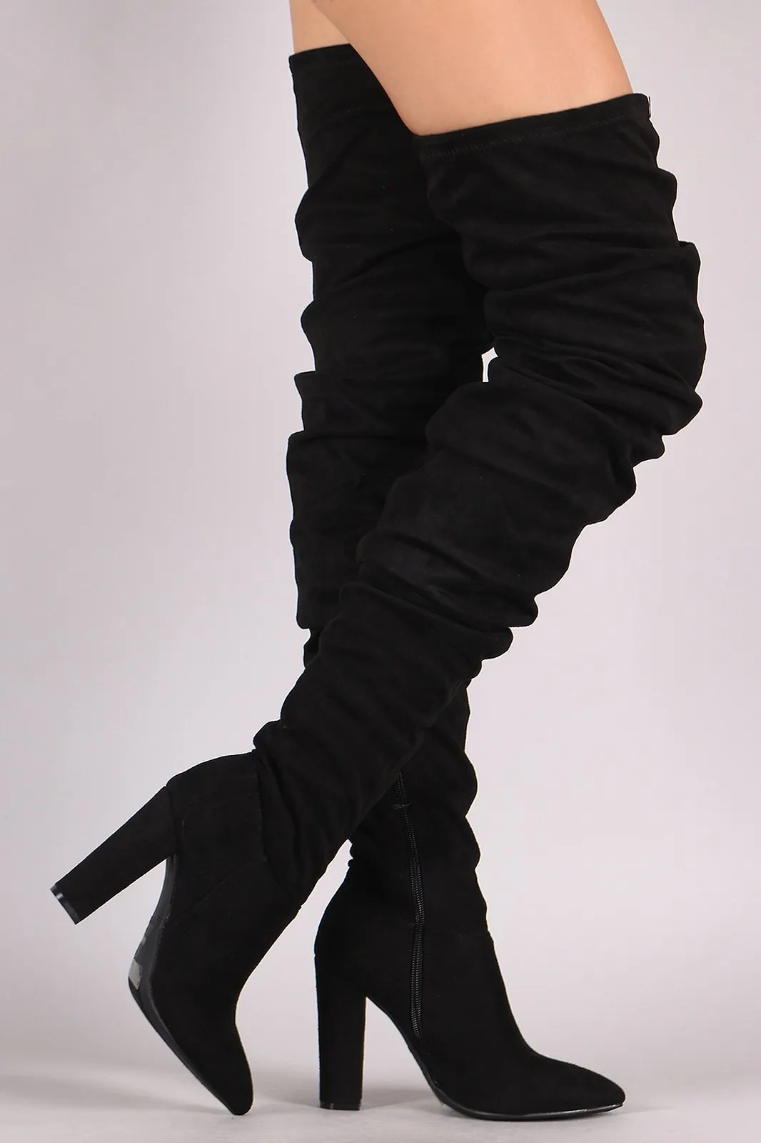 Bamboo Suede Slouchy Pointy Toe Chunky Heeled OTK Boots