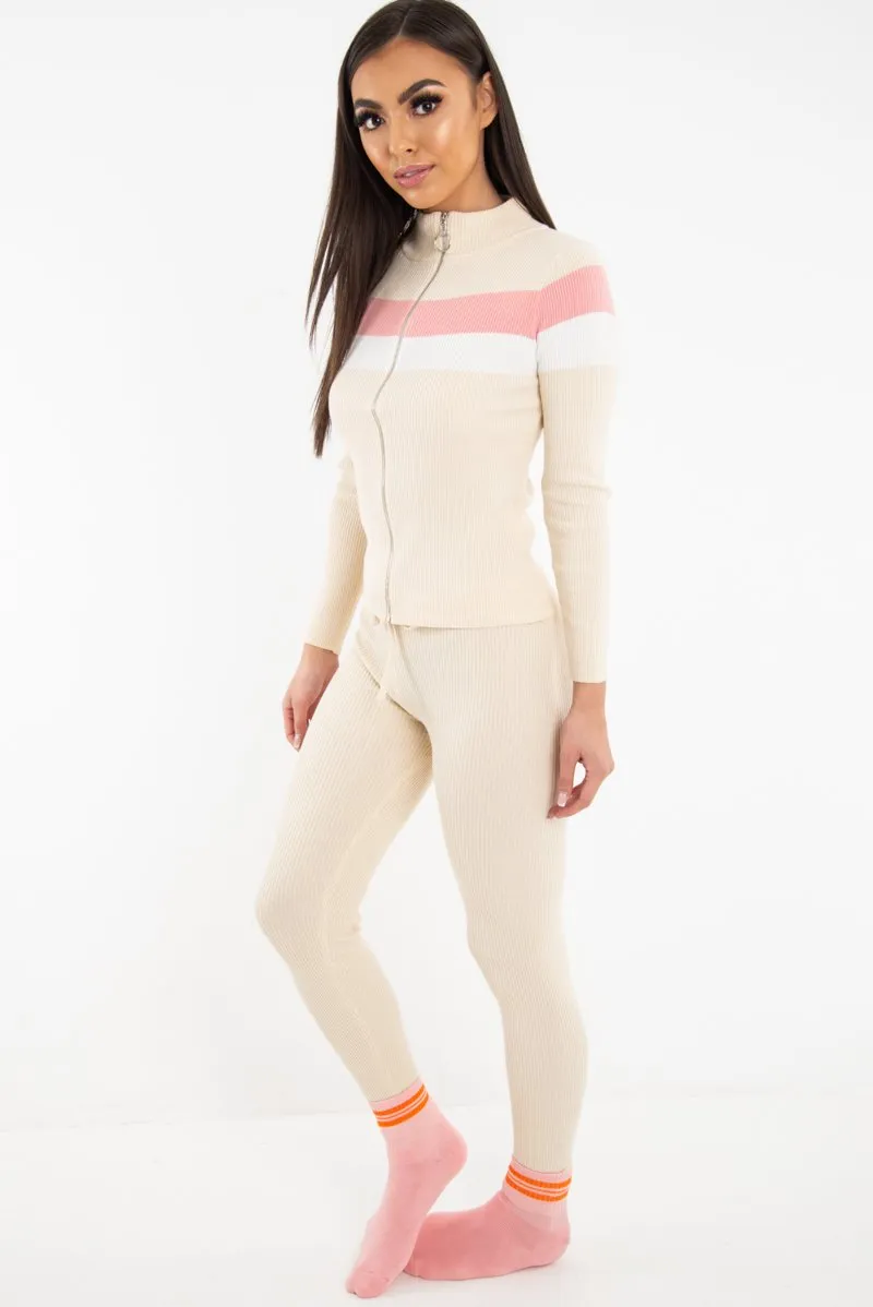 Beige Rib Knit Colour Block Loungewear Set - Jaysie