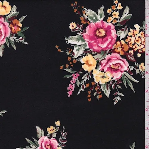 Black/Pink Floral Bouquet Double Brushed Jersey Knit Fabric