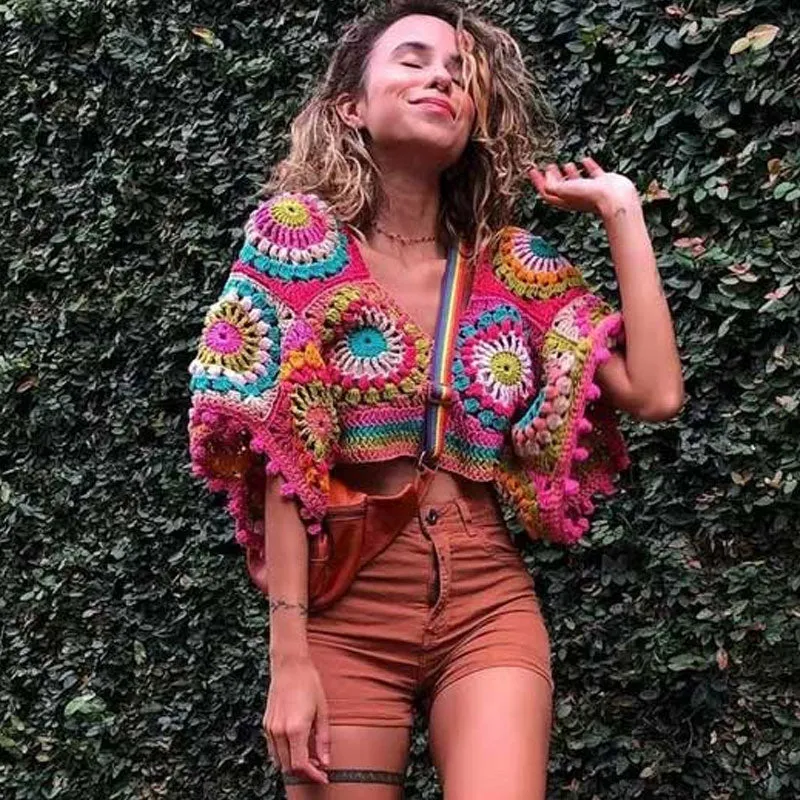 Boho V Neck Short Sleeve Multicolored Handmade Granny Square Crochet Knit Crop Top