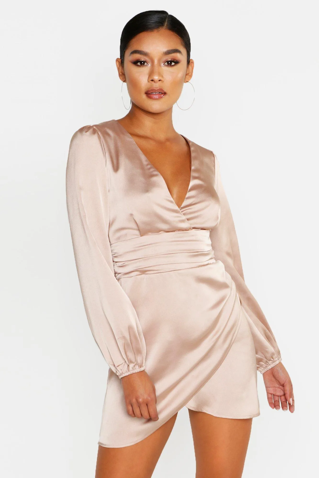 Boohoo Champagne Satin Wrap Mini Dress