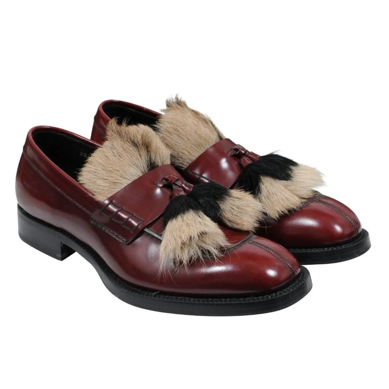 Burgundy Leather Goat Fur Tassel Loafers