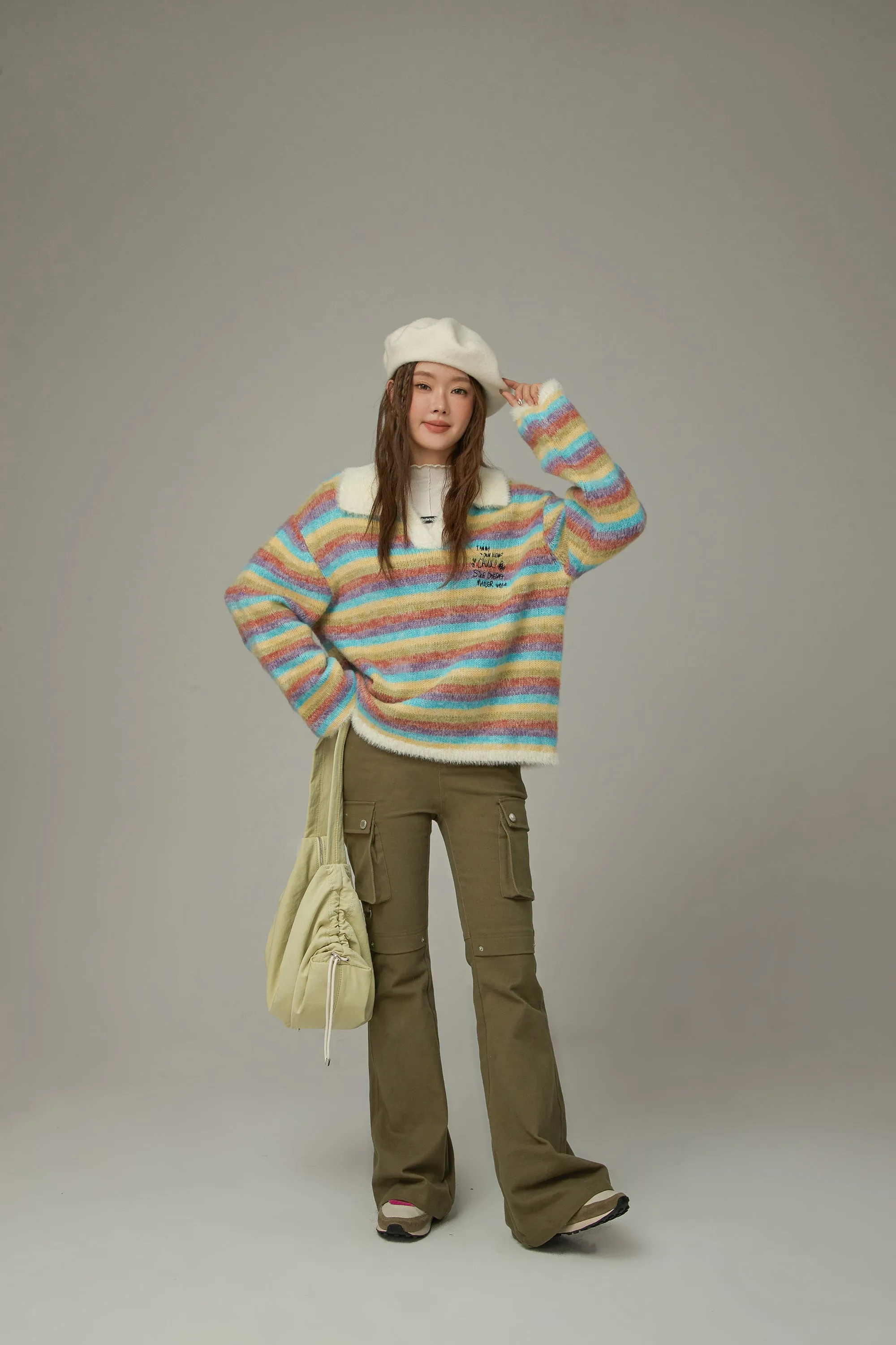 Collar Rainbow Stripe Knit Sweater