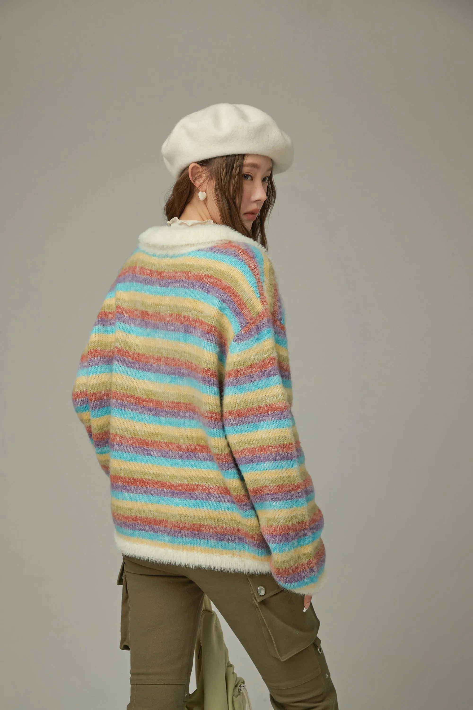 Collar Rainbow Stripe Knit Sweater