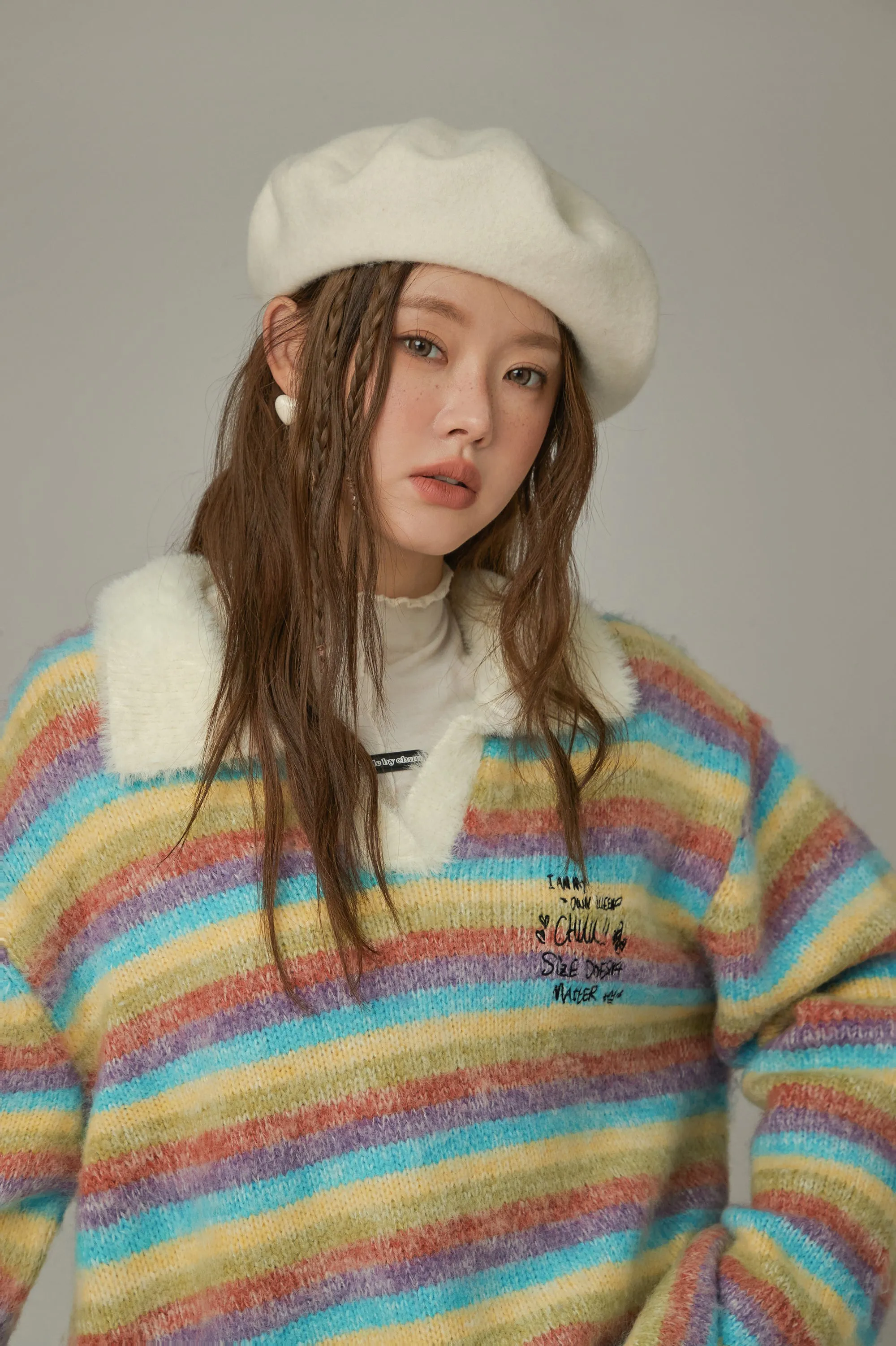 Collar Rainbow Stripe Knit Sweater