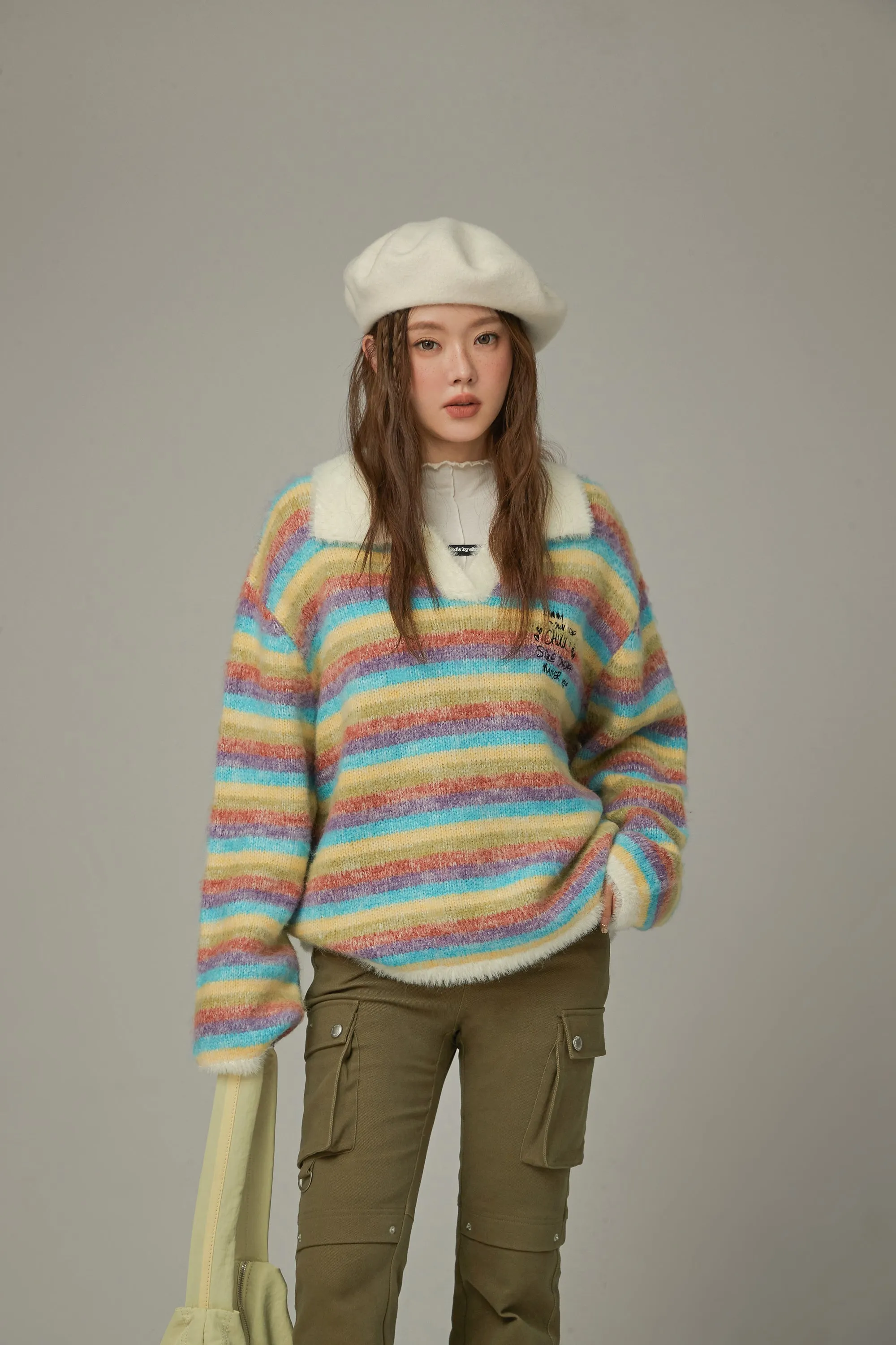 Collar Rainbow Stripe Knit Sweater