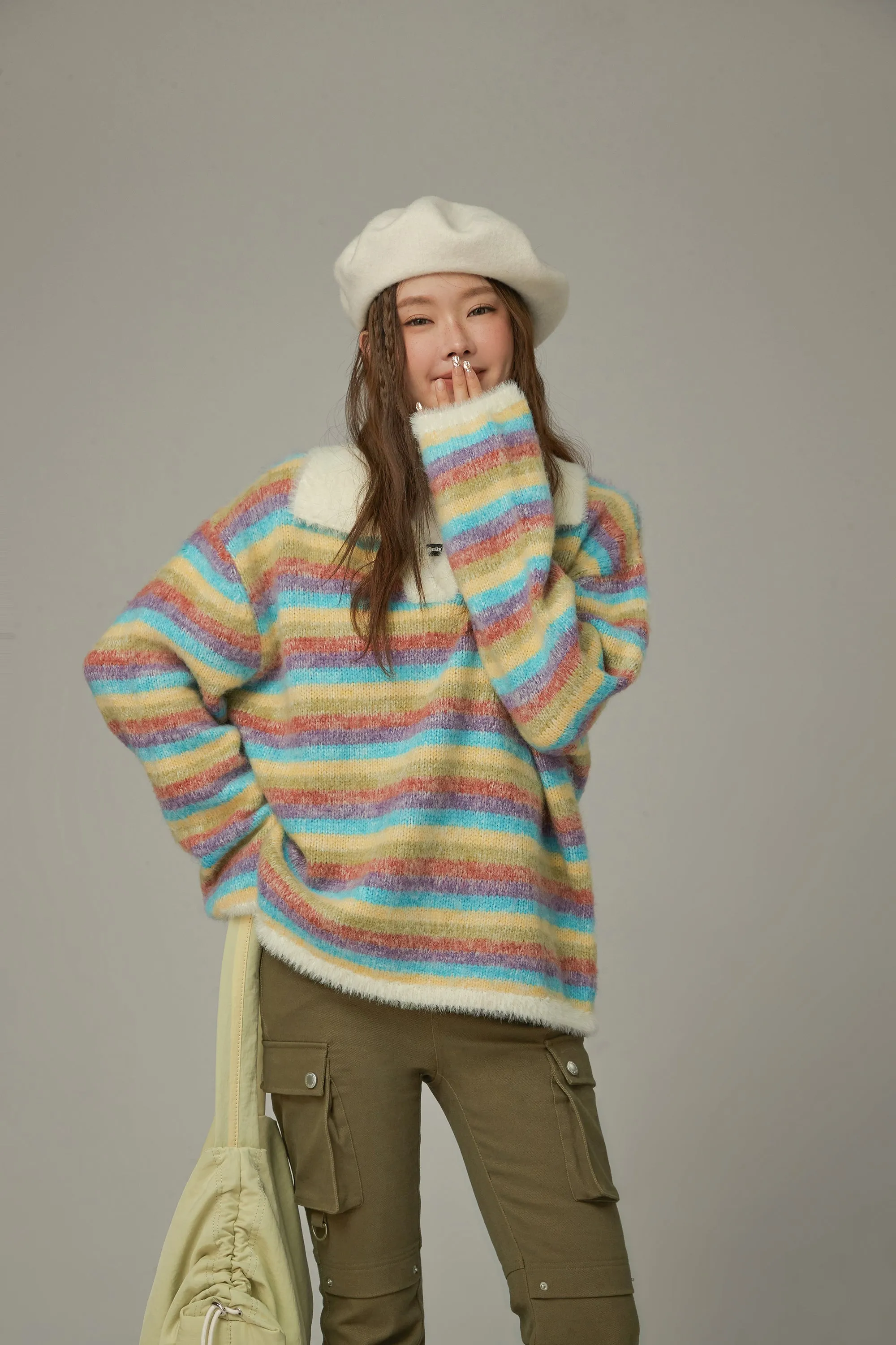 Collar Rainbow Stripe Knit Sweater