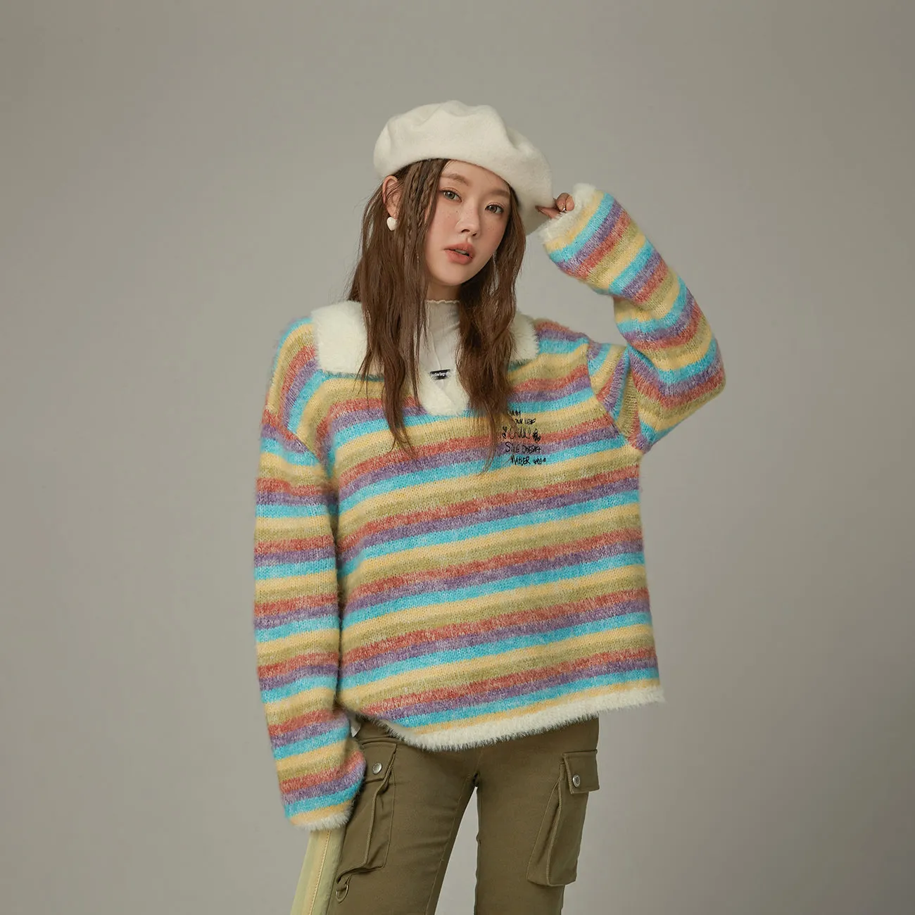 Collar Rainbow Stripe Knit Sweater