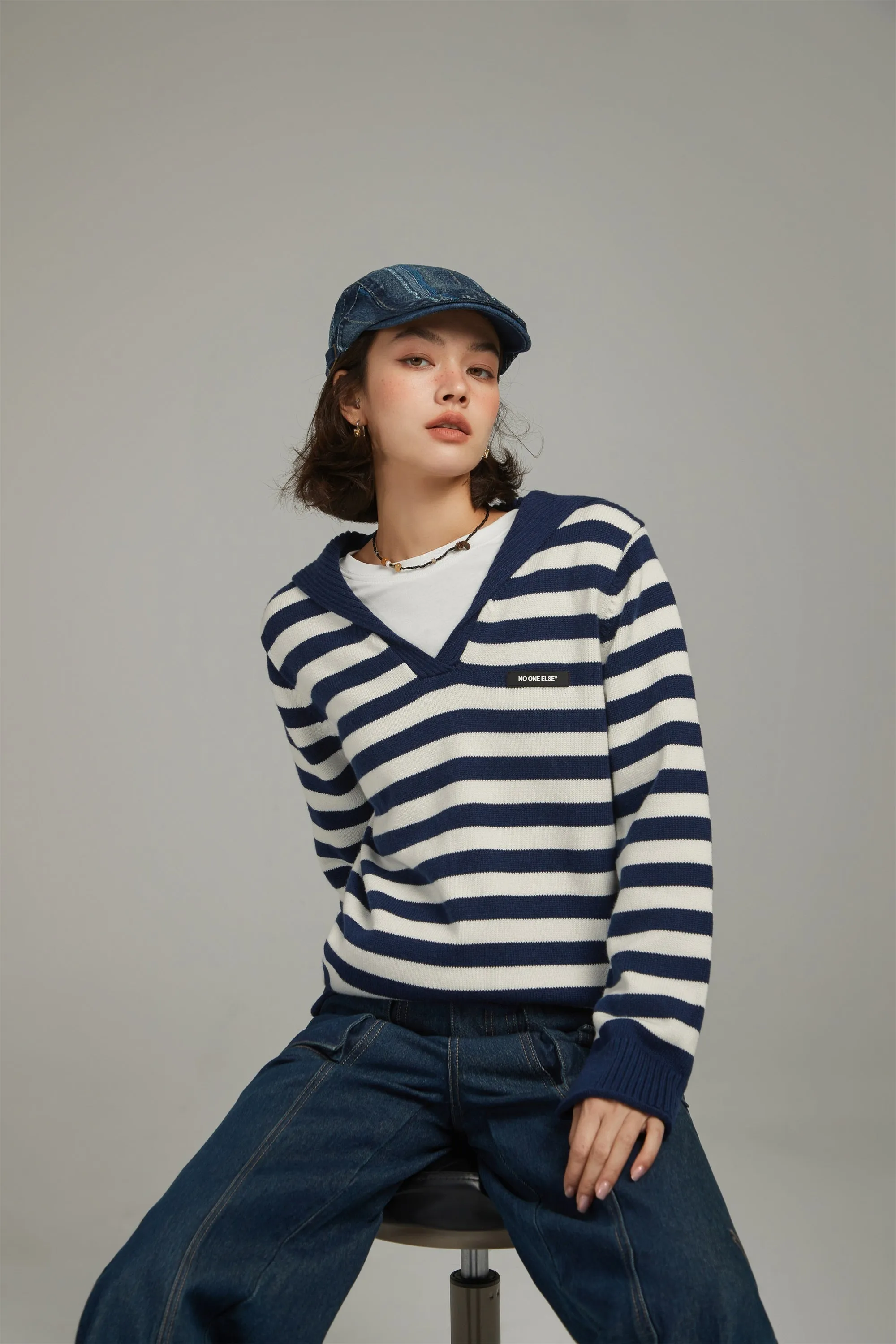 Collar Striped Knit Sweater