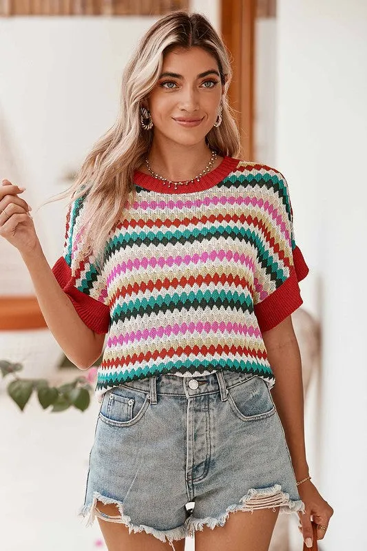 Colorblocked Piping  Knit Sweater