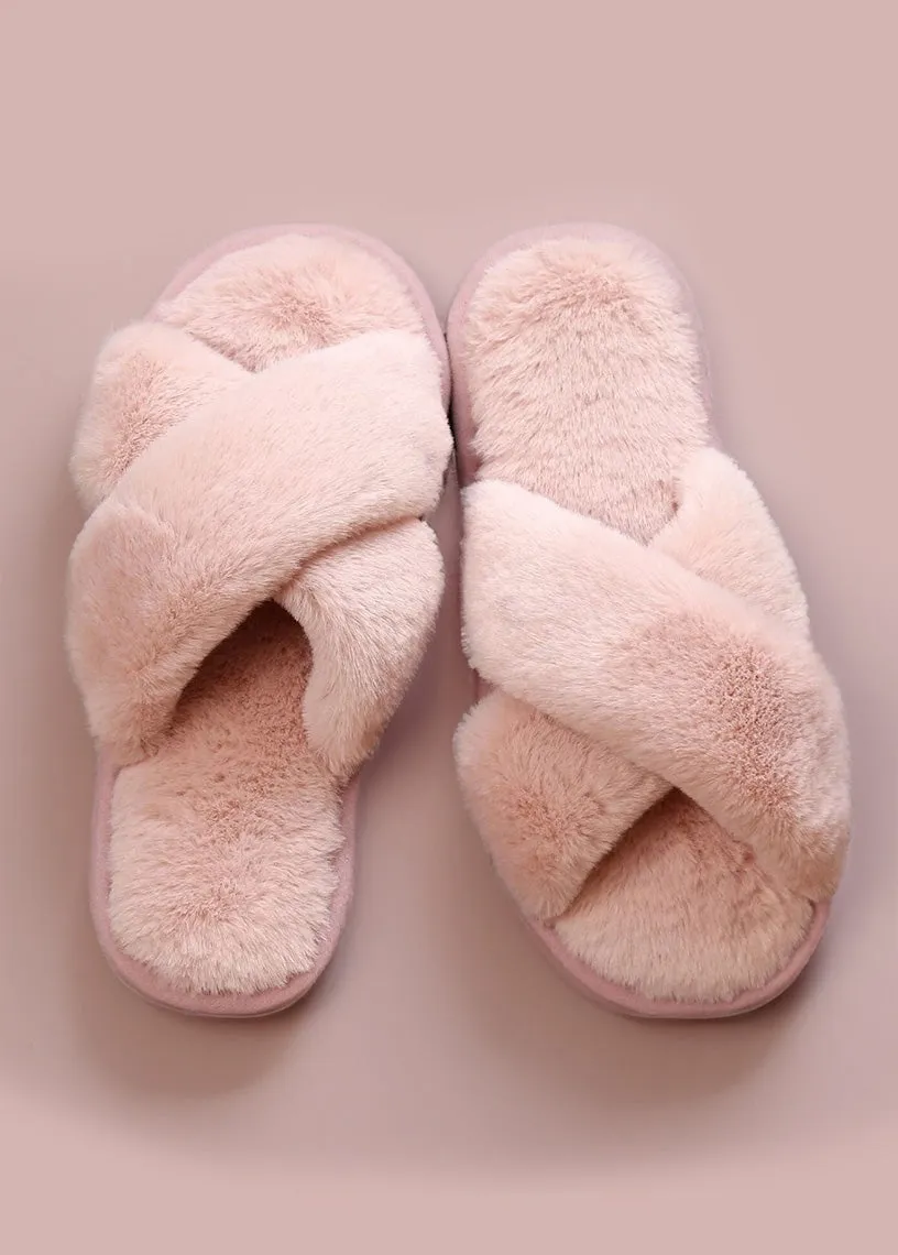 Criss Cross Soft Fuzzy Slippers in Tan