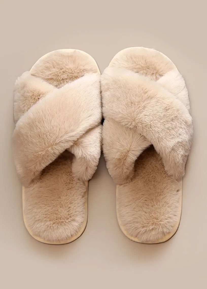 Criss Cross Soft Fuzzy Slippers in Tan