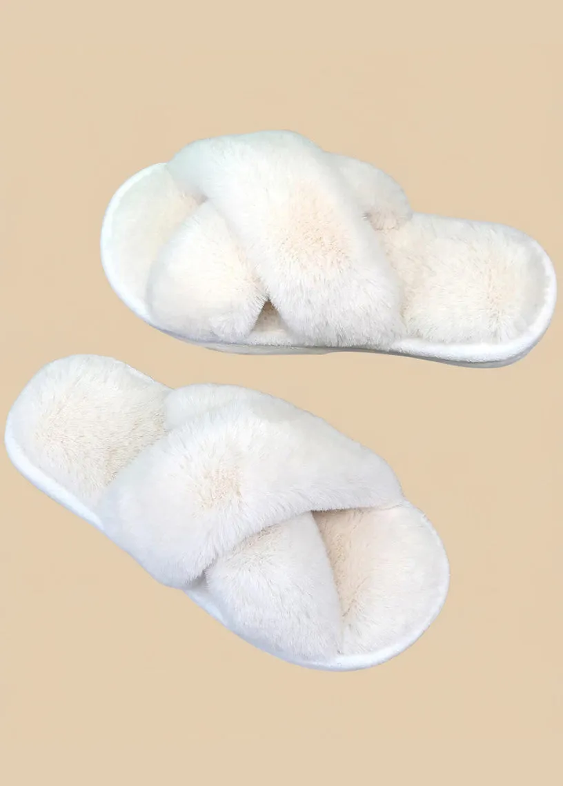 Criss Cross Soft Fuzzy Slippers in Tan