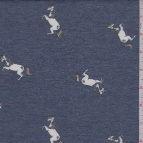 Dark Blue Leaping Unicorn Brushed French Terry Knit Fabric