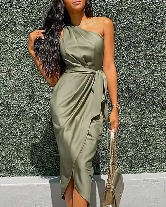 Dunnmall Women's Wrap Dress Midi Dress Sleeveless Solid Color Spring & Summer Hot Sexy Army Green S M L XL