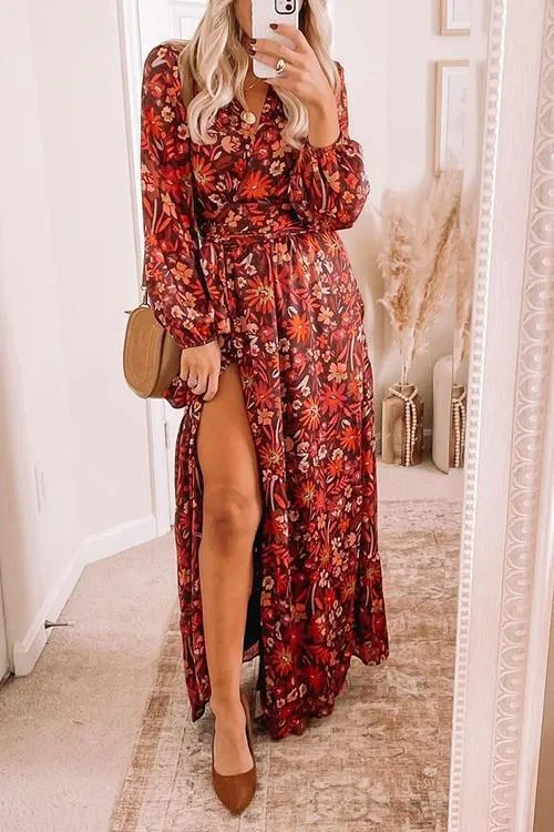 Floral Print Long Sleeve Slit Maxi Wrap Dress