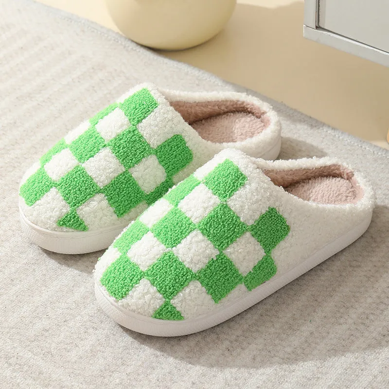 Fuzzy Plaid Warm Indoor Slippers