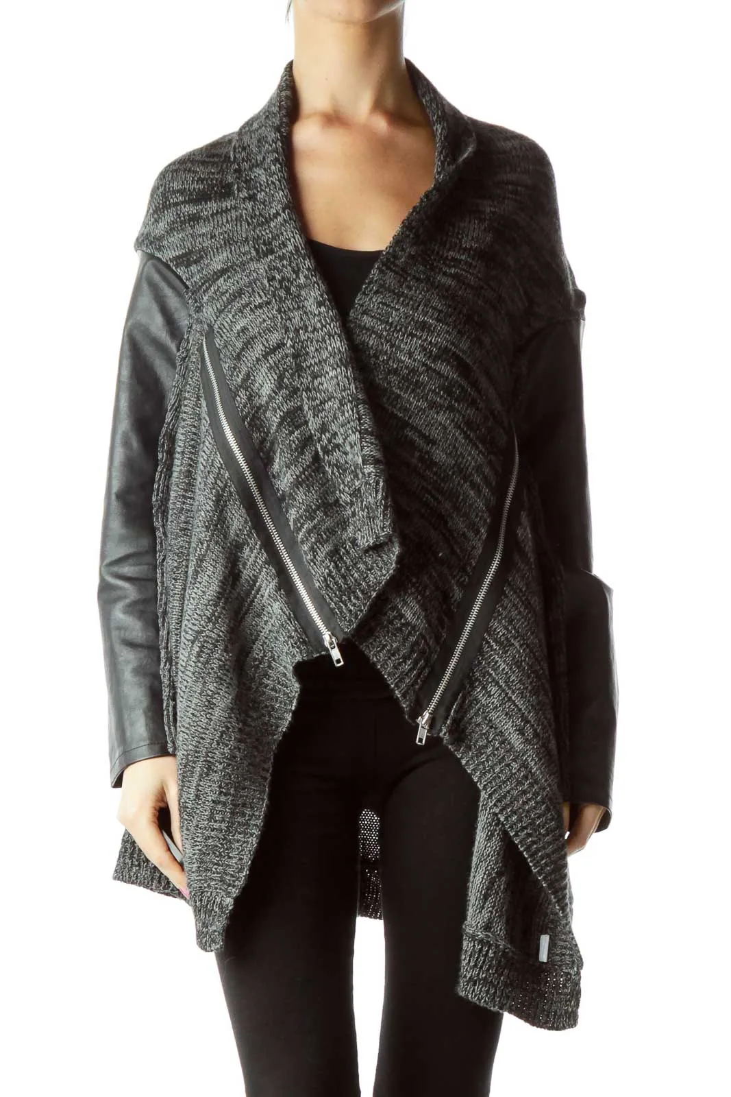 Gray Black Knit Faux-Leather Zippered Sweater