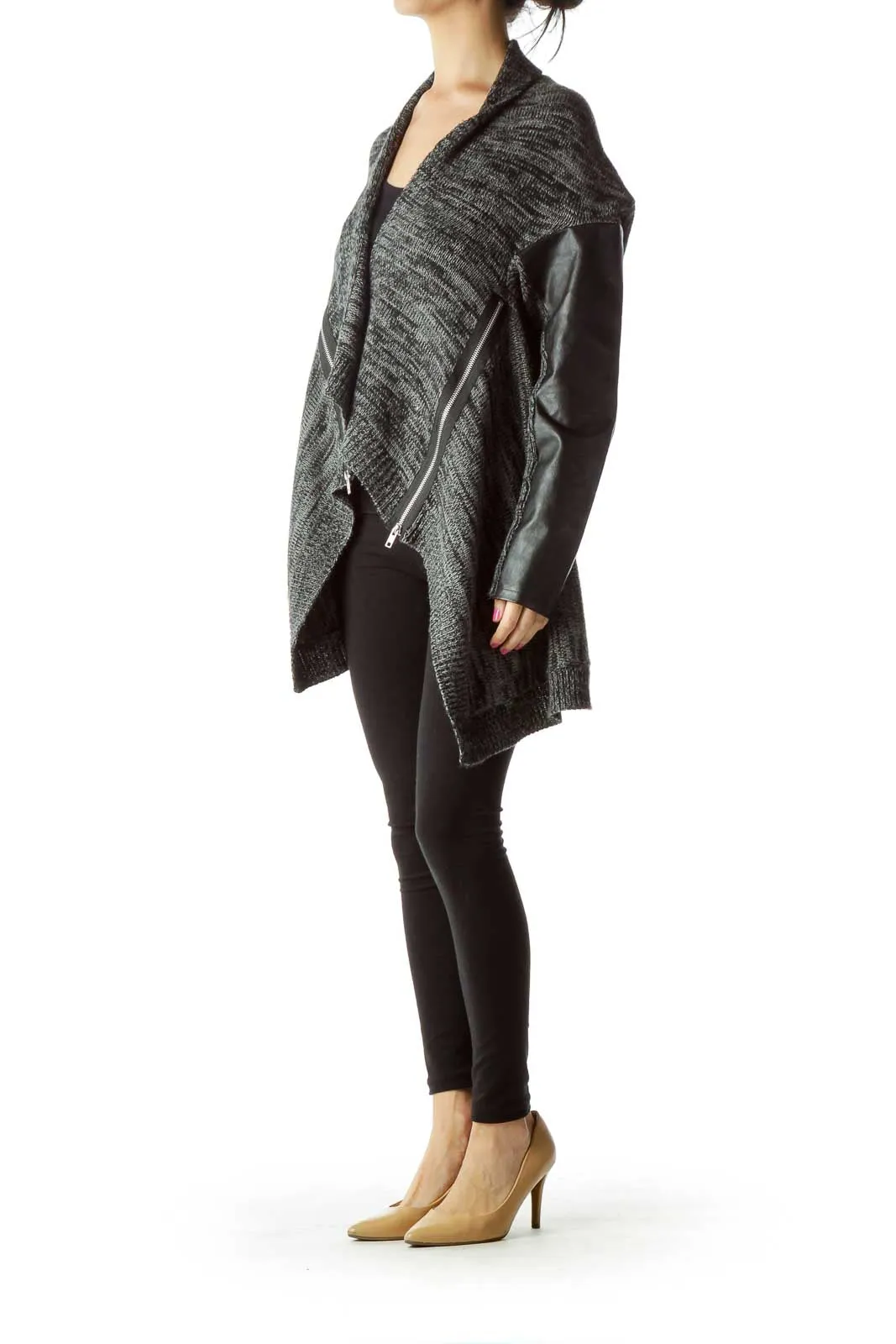 Gray Black Knit Faux-Leather Zippered Sweater