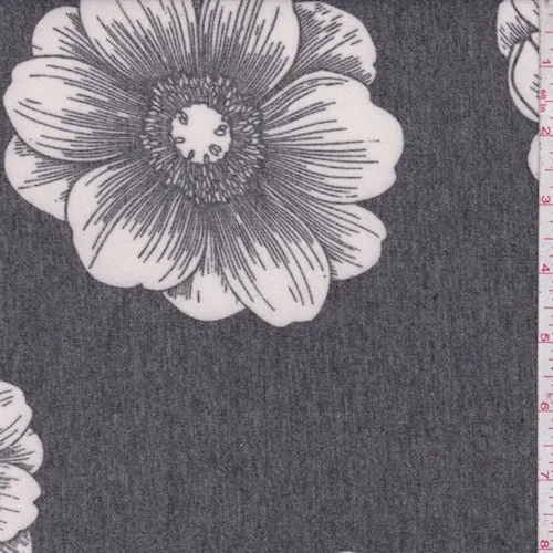 Heather Slate/White Floral Bloom Brushed French Terry Knit Fabric