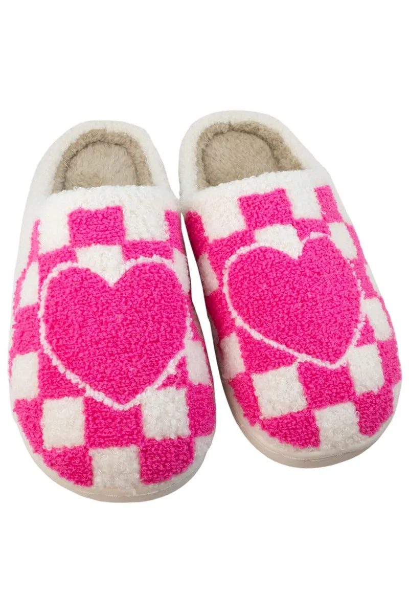 Hot Pink HEART CHECKER Fuzzy Slippers