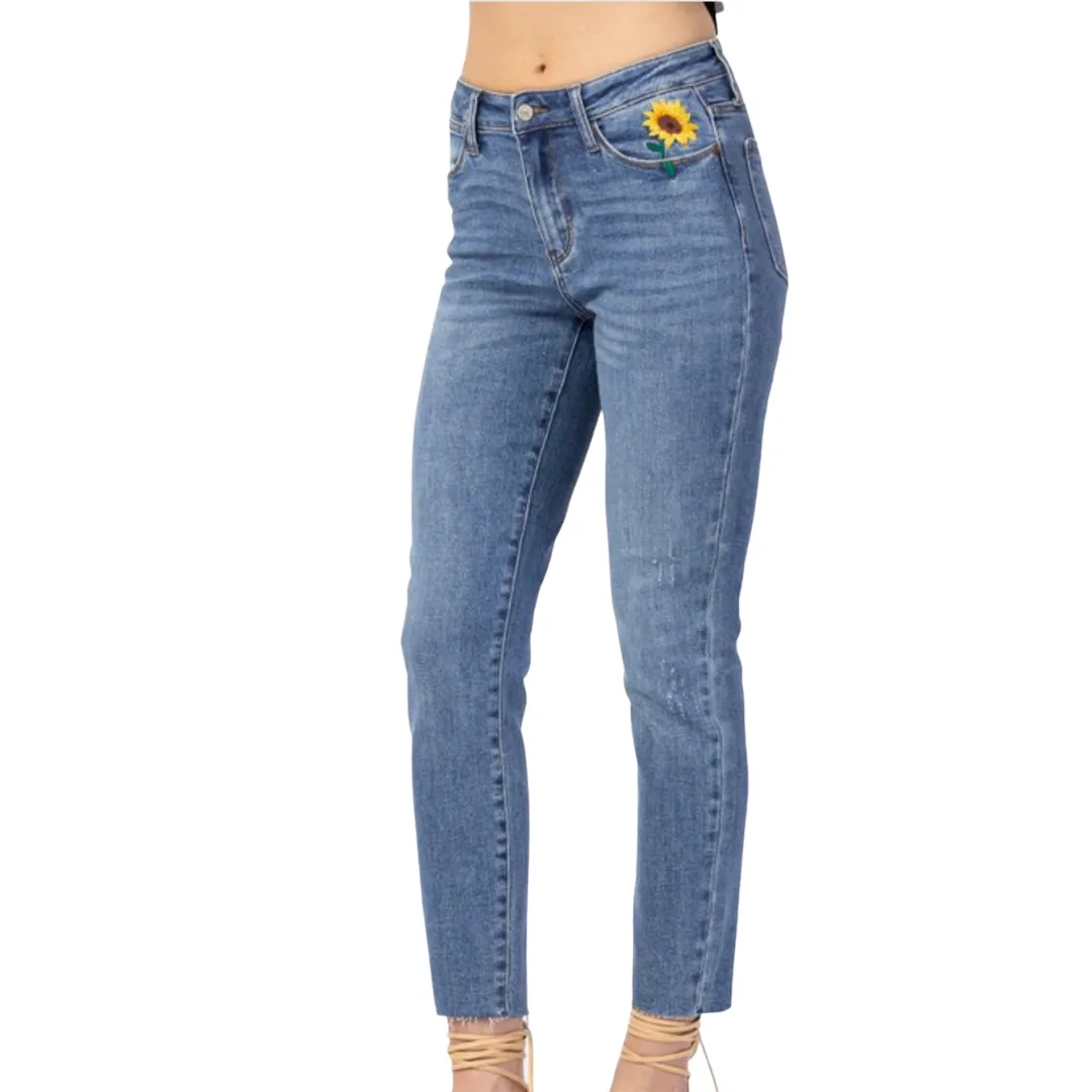 Judy Blue Relaxed Fit Sunflower Embroidered Jeans