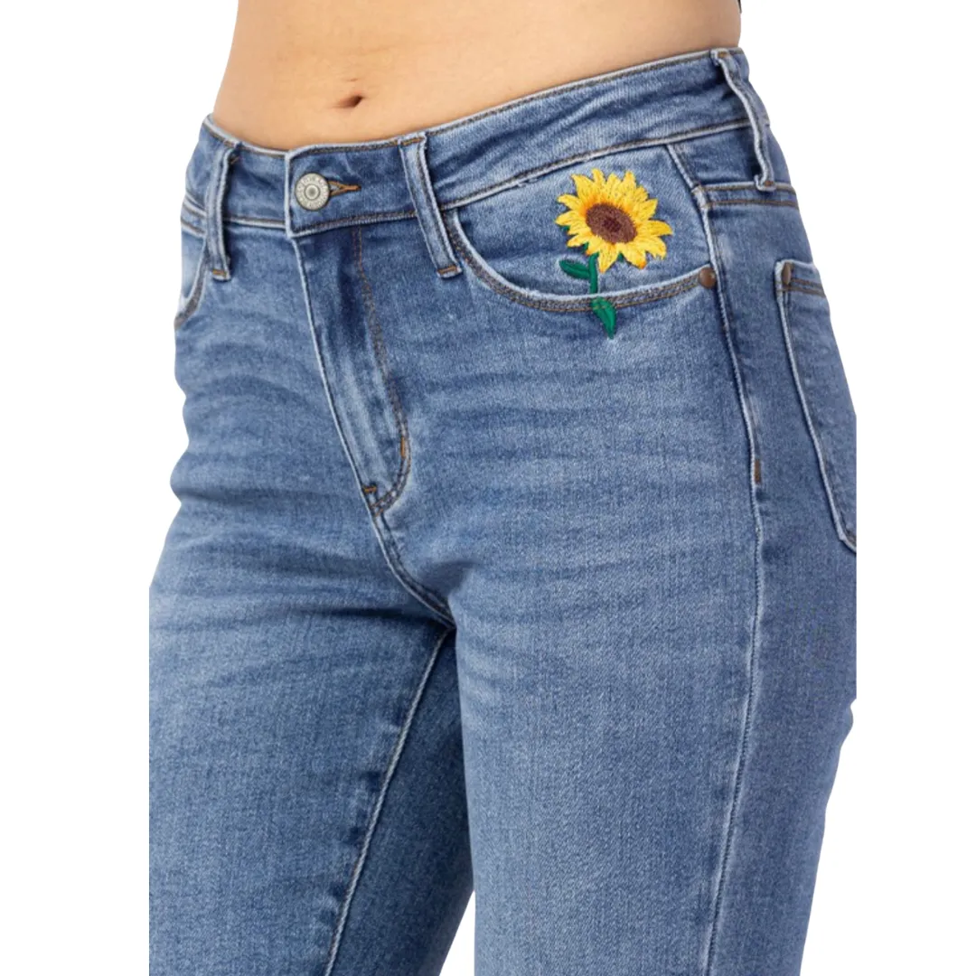 Judy Blue Relaxed Fit Sunflower Embroidered Jeans