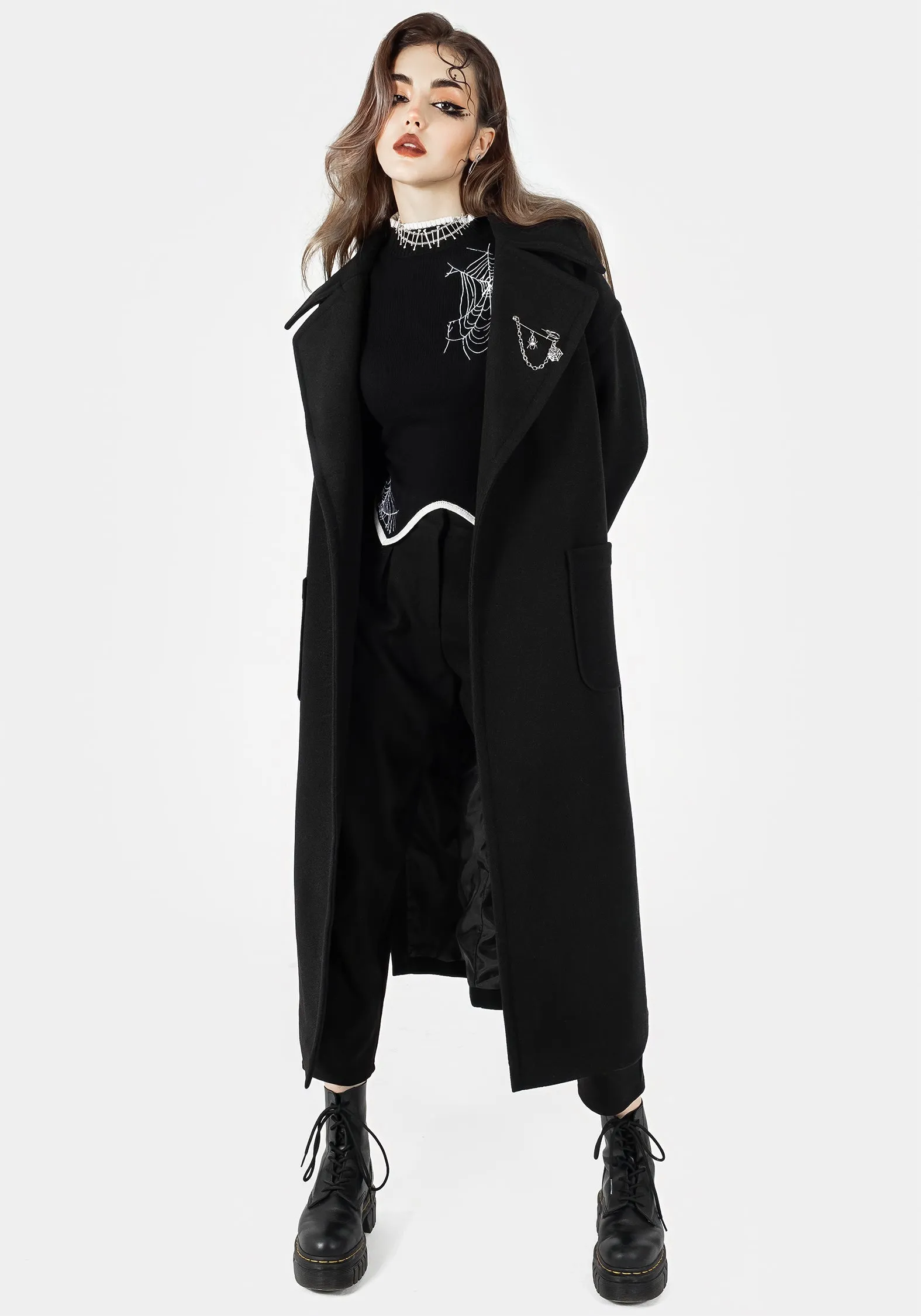 Meltdown Oversized Coat with Brooch - Black