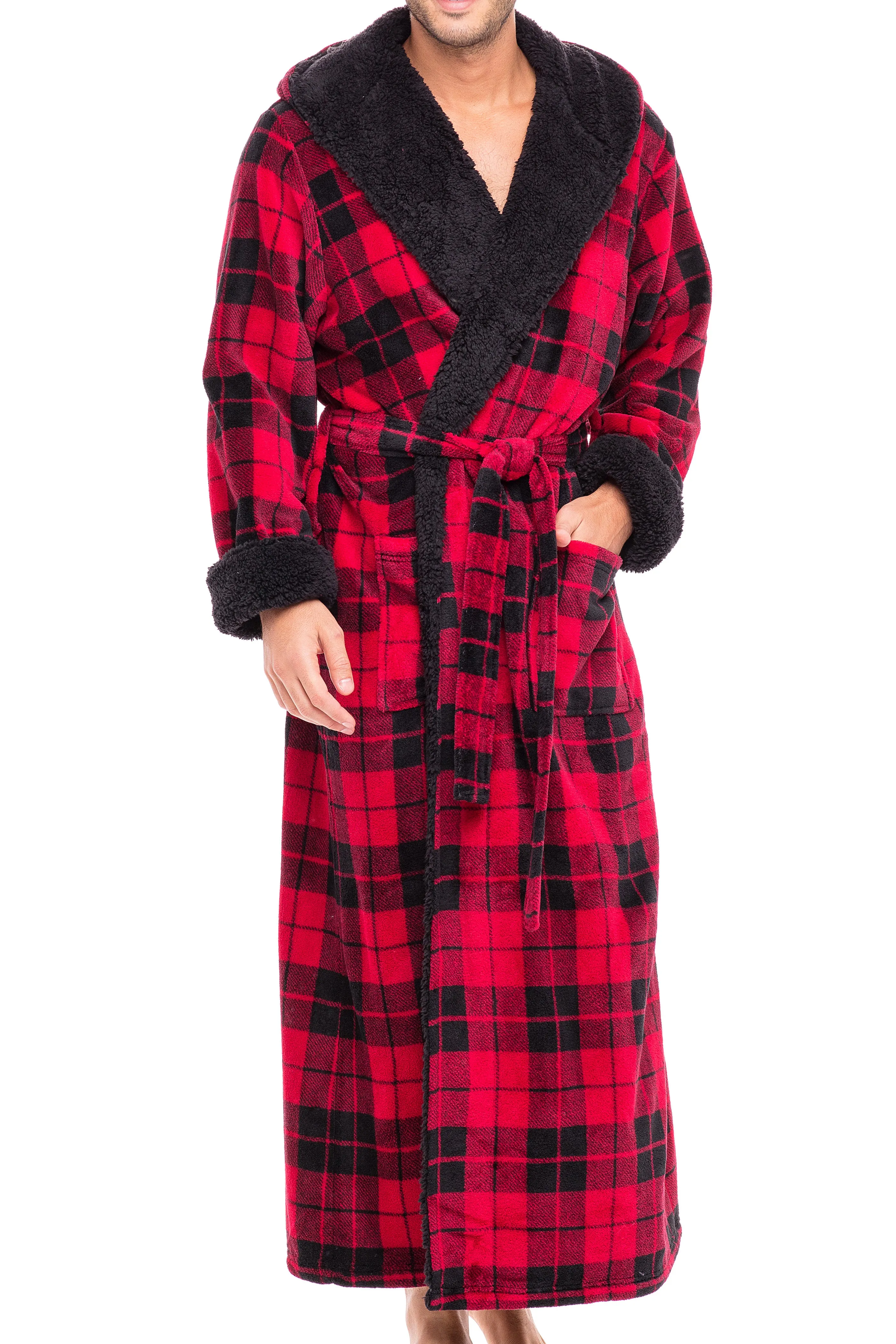 Men’s Long Hooded Sherpa Robe, Hooded Big and Tall Plush Fleece Hoodie Bathrobe Red Black Plaid with Black 6XL (A0262Q4B6X)