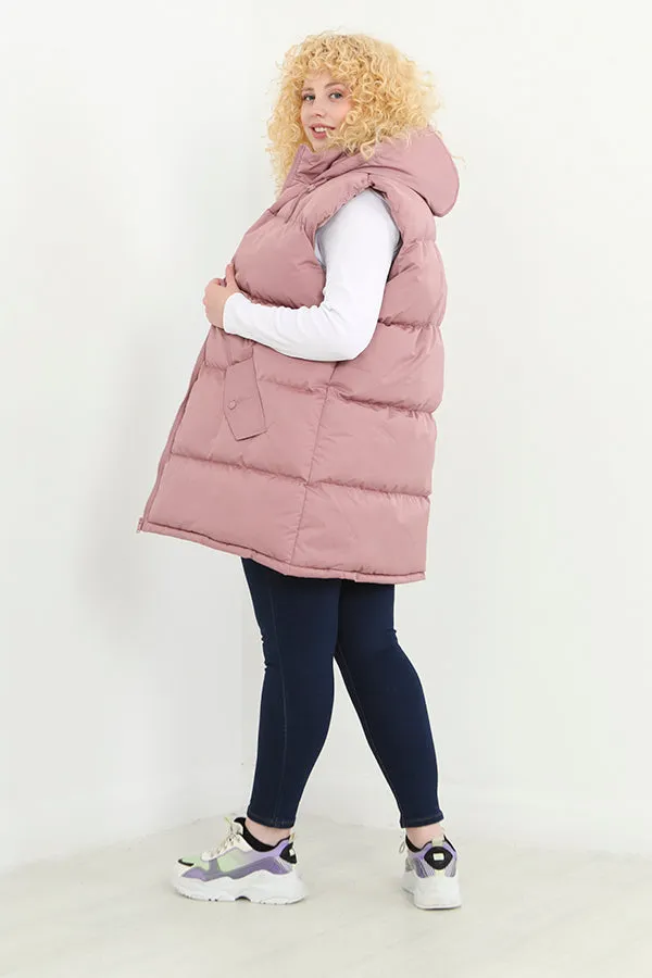 PLUS SIZE PINK LONGLINE HOODED PADDED GILET