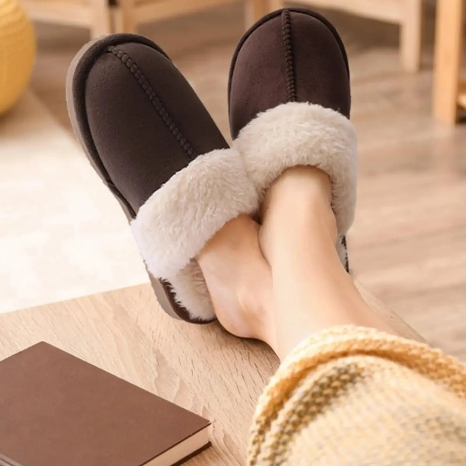 Plush Suede Fuzzy Collar Slippers