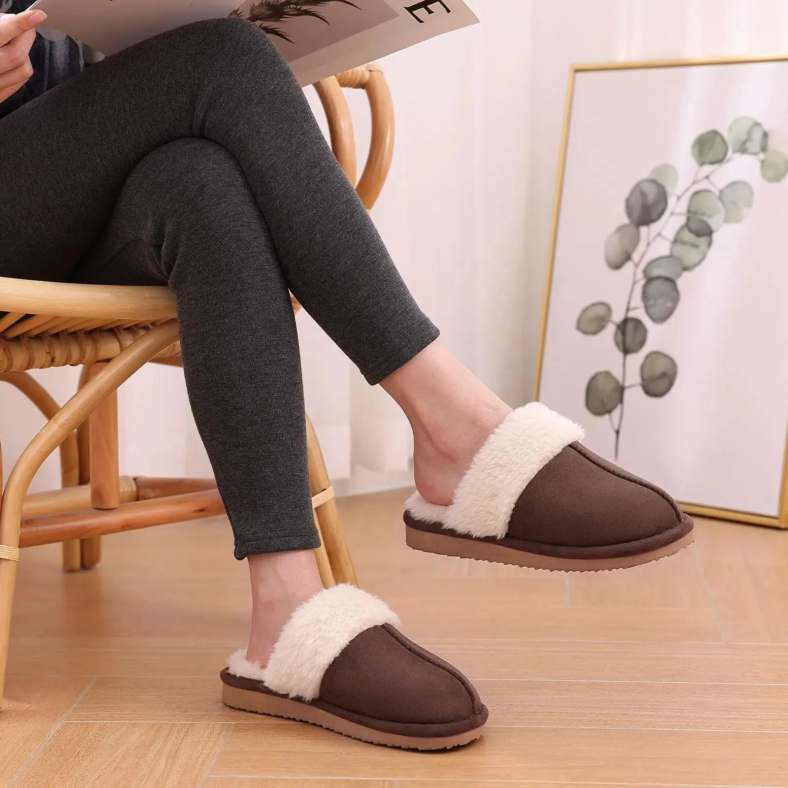 Plush Suede Fuzzy Collar Slippers